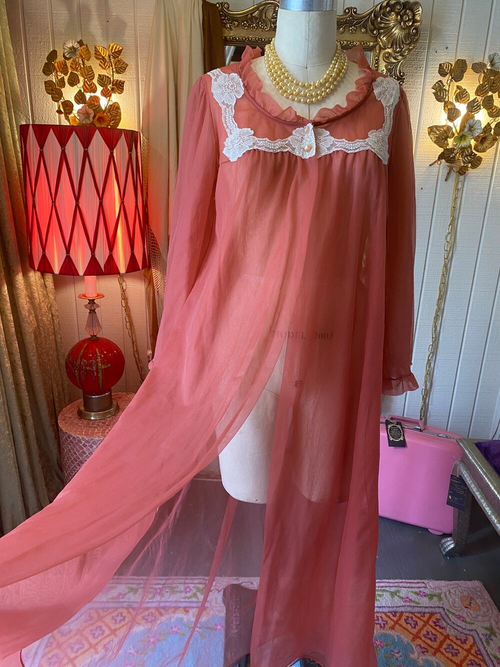 vintage 1960s sheer cinnamon chiffon robe, 60s peignoir, deena lingerie, pin up